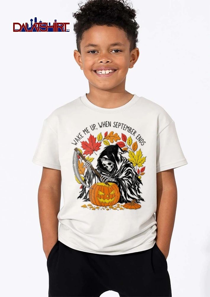 Wake Me Up When September Ends Grim Reaper Carving Jack O Lantern Autumn Leaves shirt