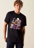 Skeleton Reading Old Book Purple Armchair Black Cat Steaming Mug shirt