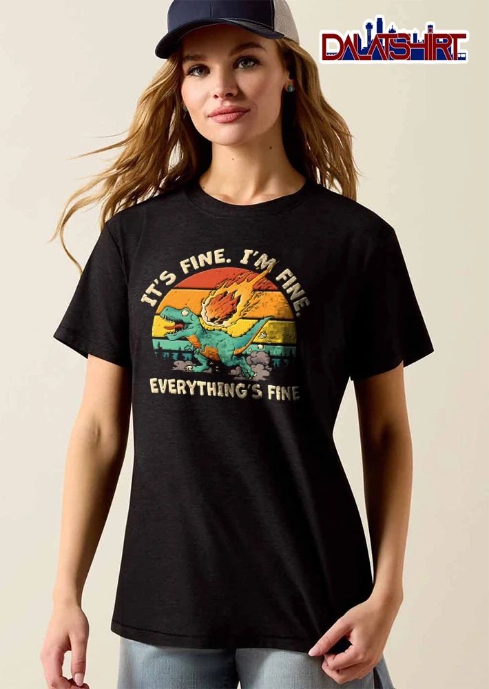 Its Fine Im Fine Everythings Fine Retro Sunset Green Dinosaur Falling Meteor Cartoon shirt