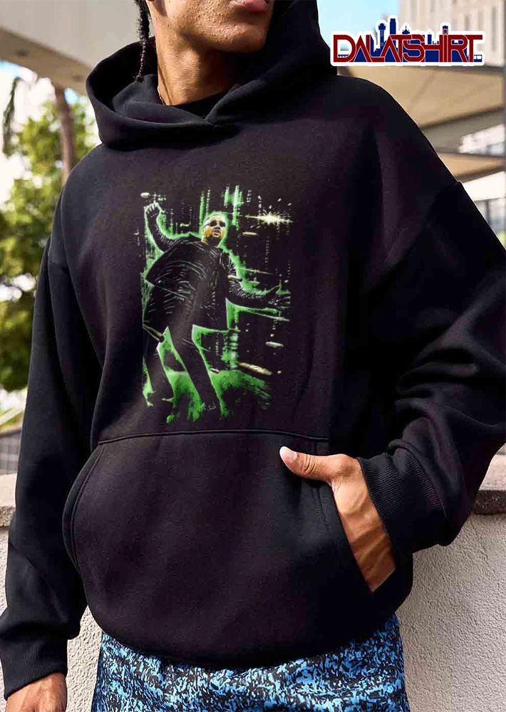 Man In Sunglasses Leaning Back Dodging Bullets Green Matrix Code shirt