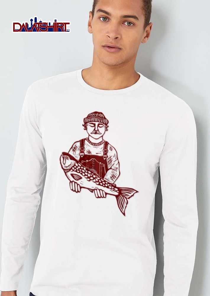 Red Line Art Fisherman Beanie Sweater Overalls Holding Big Fish shirt