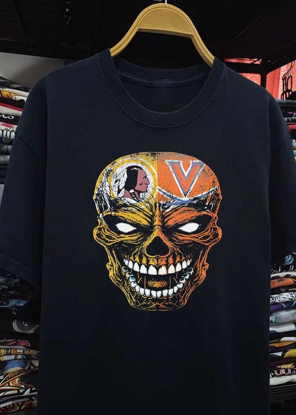 Washington Redskins and UVA Split Face Skull T-Shirt
