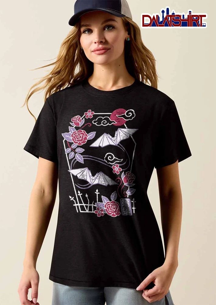 Bianfu Japanese Illustration Origami Bats Coffin Flowers shirt