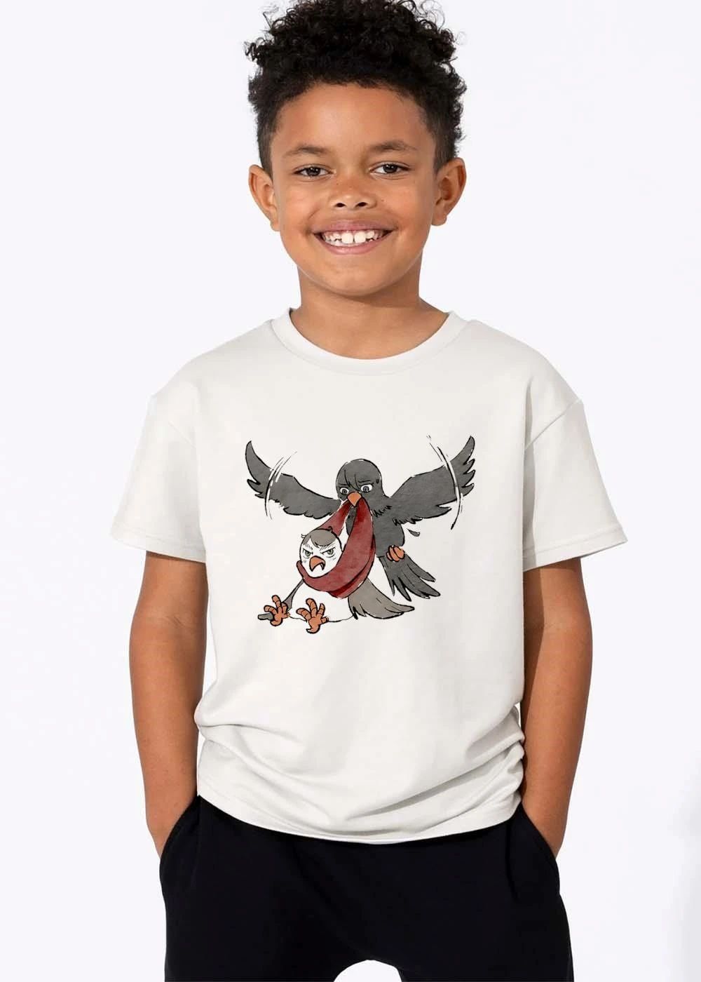 Cartoon Flying Dark Crow Carrying Grumpy Chick Red Scarf Swaddle shirt