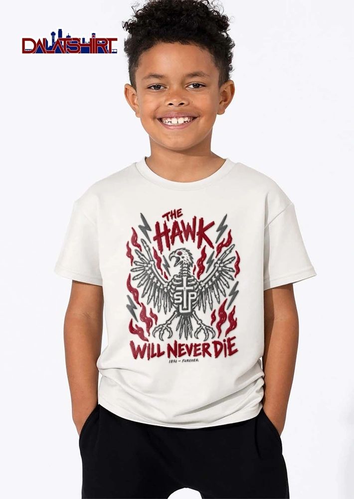 The Hawk Will Never Die 1851 Forever Skeletal Bird Wings Cross Flames Lightning Line Art shirt