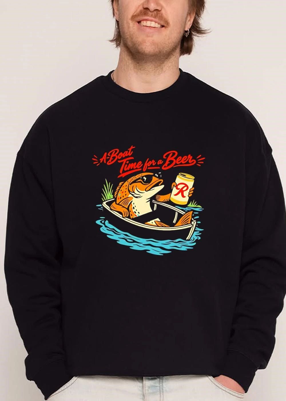 A Boat Time For Beer Cartoon Trout Sunglasses Rowboat Drink Can shirt