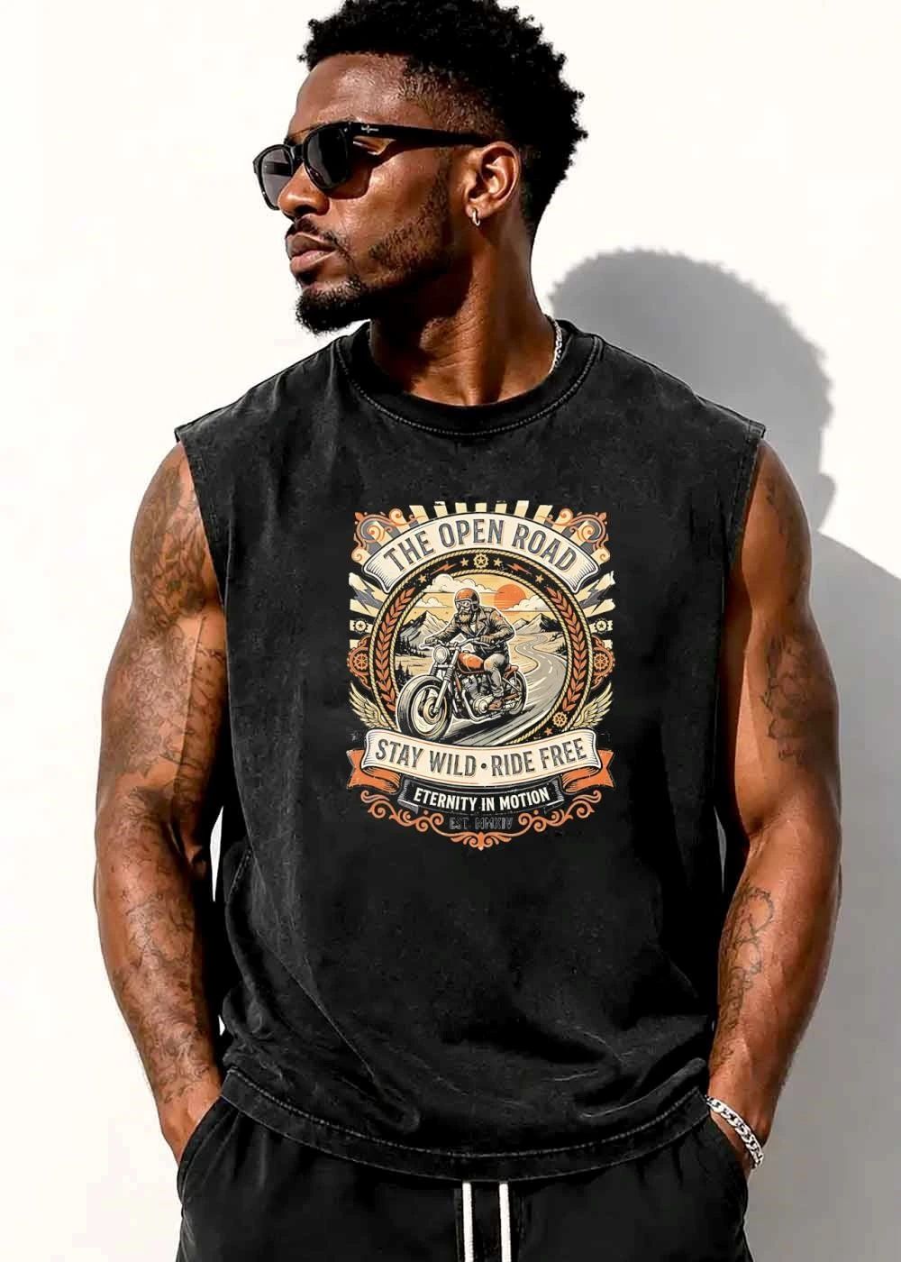 The Open Road Stay Wild Ride Free Eternity In Motion Est Mmxiv Bearded Biker Vintage Motorcycle Retro Emblem shirt