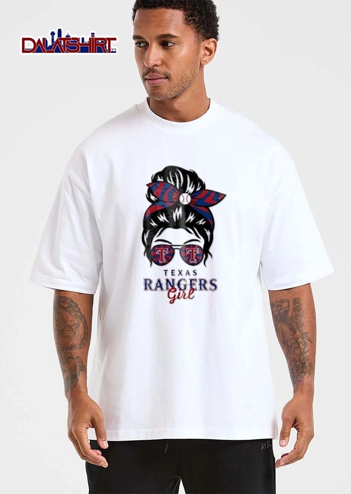 Texas Rangers MLB Girl Messy Bun Sunglasses Baseball Bow shirt