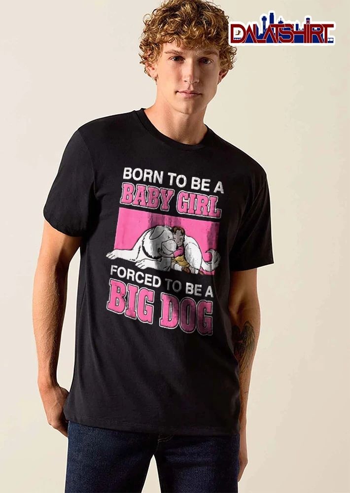 Born To Be A Baby Girl Forced Big Dog Anime Child Hugging Large White Canine Pink Frame Cartoon shirt