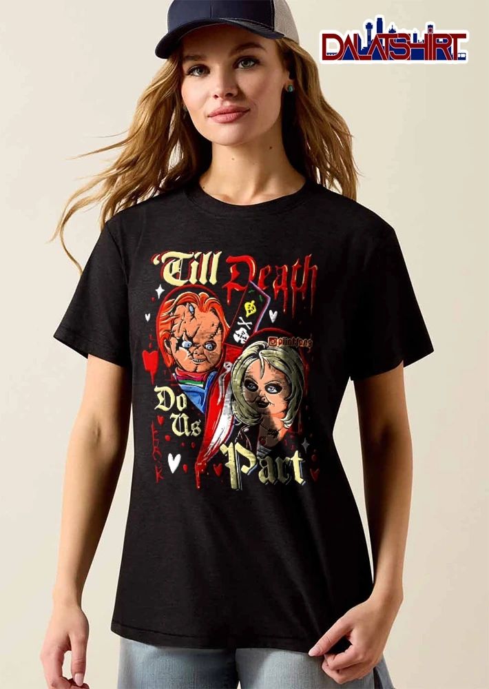 Till Death Do US Part Piinkfang Cartoon Caricature Chucky Tiffany Bloody Knife Hearts shirt