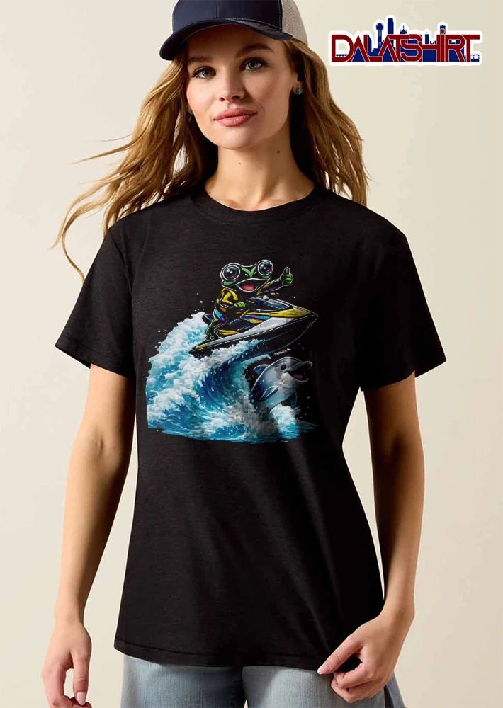 Cartoon Green Frog Giving Thumbs Up Riding Jet Ski Ocean Wave Dolphin shirt
