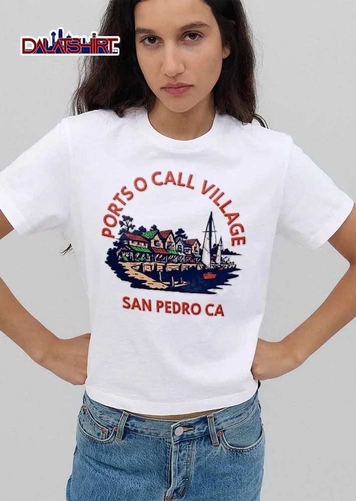Ports O Call Village San Pedro CA Vintage Waterfront Buildings Sailboat Dock Harbor Illustration shirt