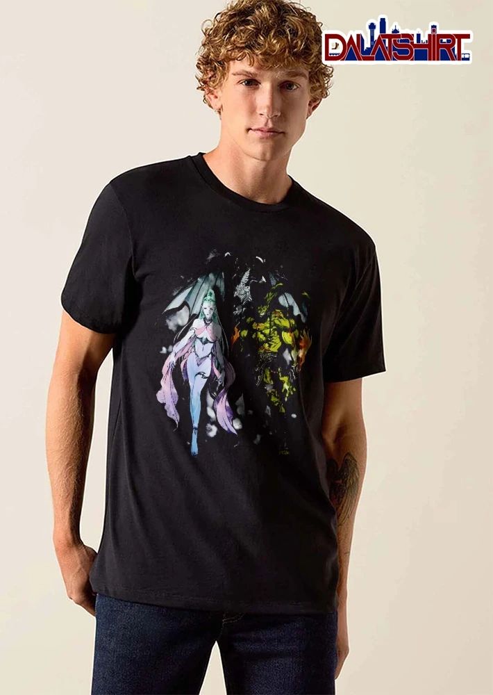 Pale Fantasy Ice Goddess Green Fiery Demon Dark Wings Black Background shirt