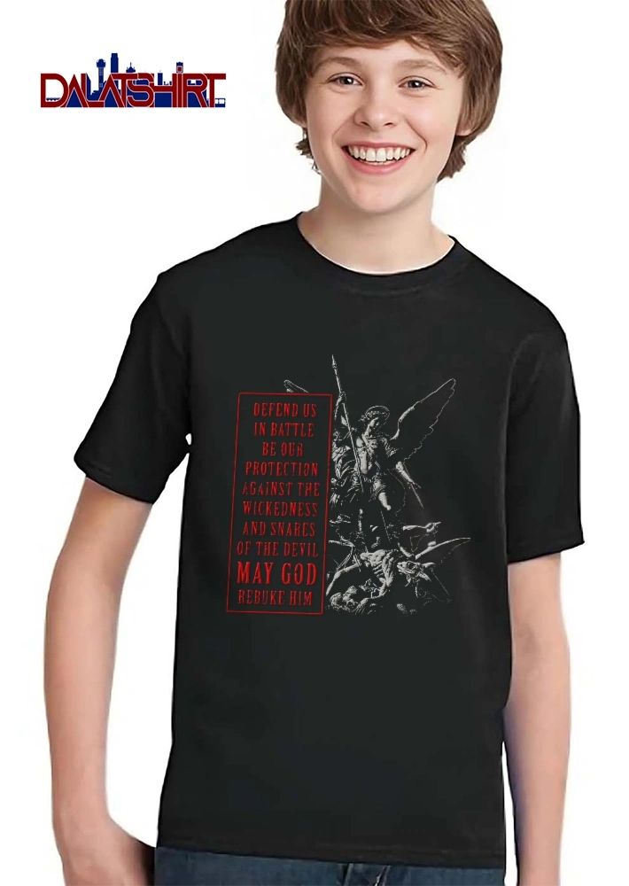 Defend US In Battle Be Our Protection Against The Wickedness Saint Michael Spear Slaying Demon Statue shirt