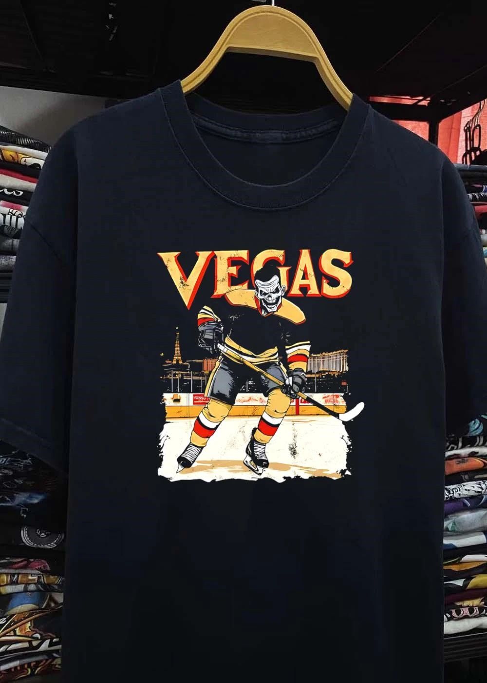 Vegas Hockey Player Skull on Ice Sports Fan Apparel T-Shirt