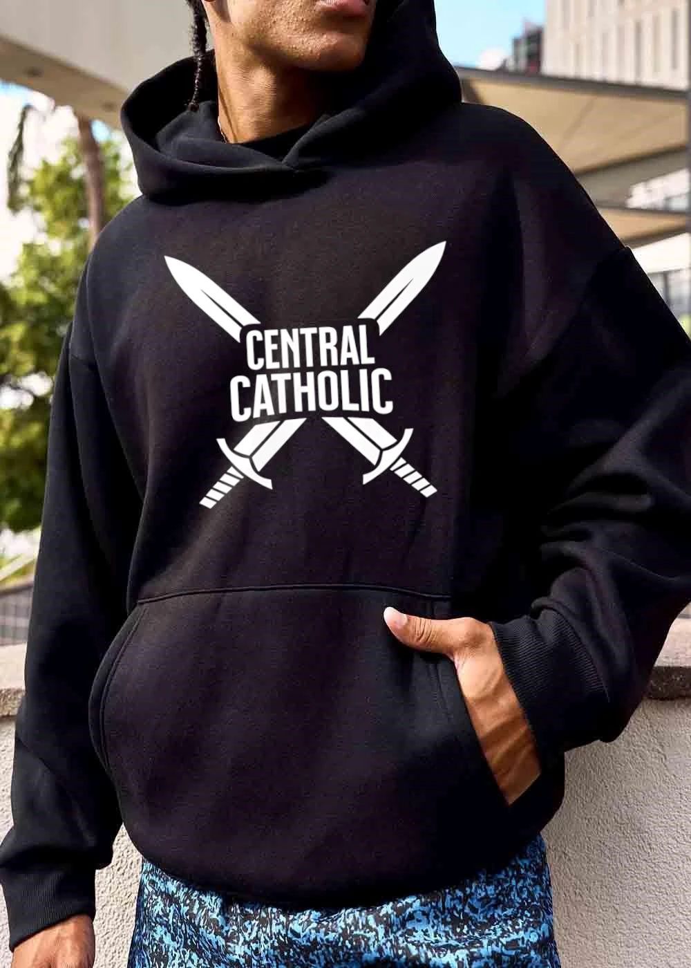 Central Catholic Bold Block Text Two Crossed Swords Silhouette shirt