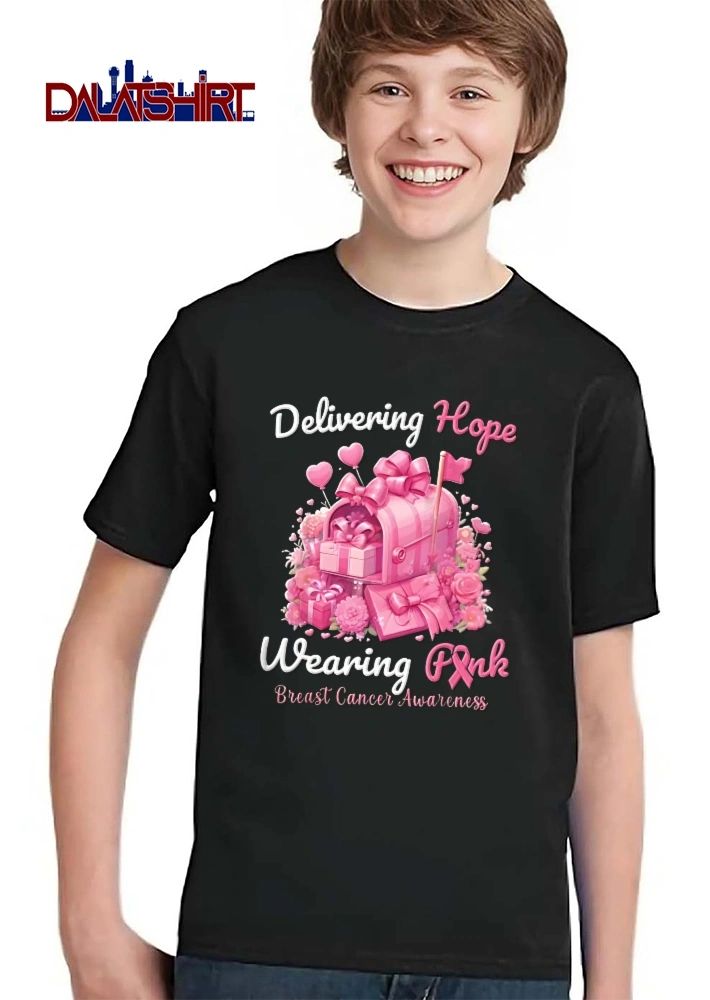 Delivering Hope Wearing Pink Breast Cancer Awareness Mailbox Wrapped Presents Heart Balloons Flowers shirt