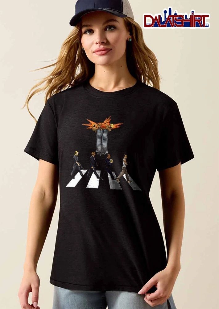 Die Hard Characters Abbey Road Crosswalk Nakatomi Plaza Explosion Cartoon Halftone shirt