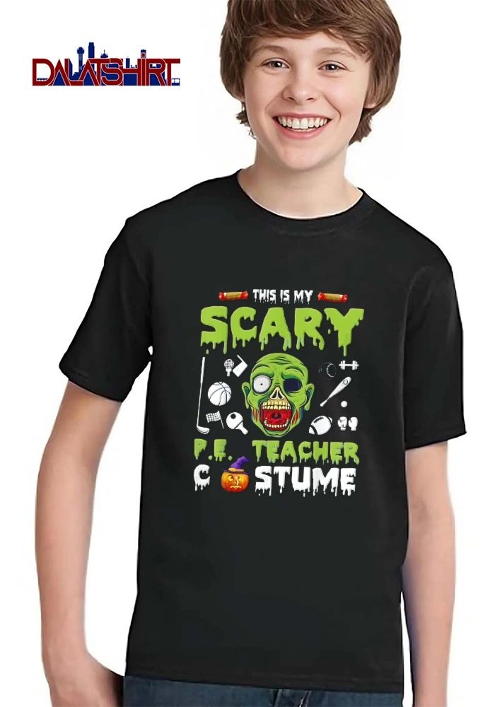 This Is My Scary Pe Teacher Costume Cartoon Zombie Head Sports Equipment Pumpkin shirt