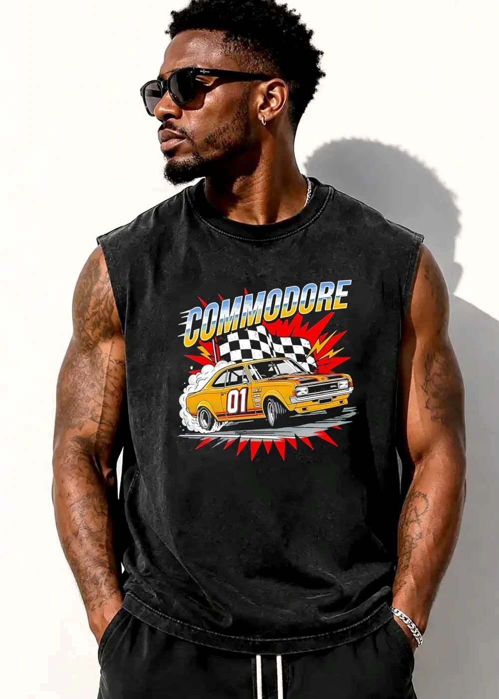 Commodore Yellow Vintage Race Car Drifting Checkered Flag Comic Starburst shirt