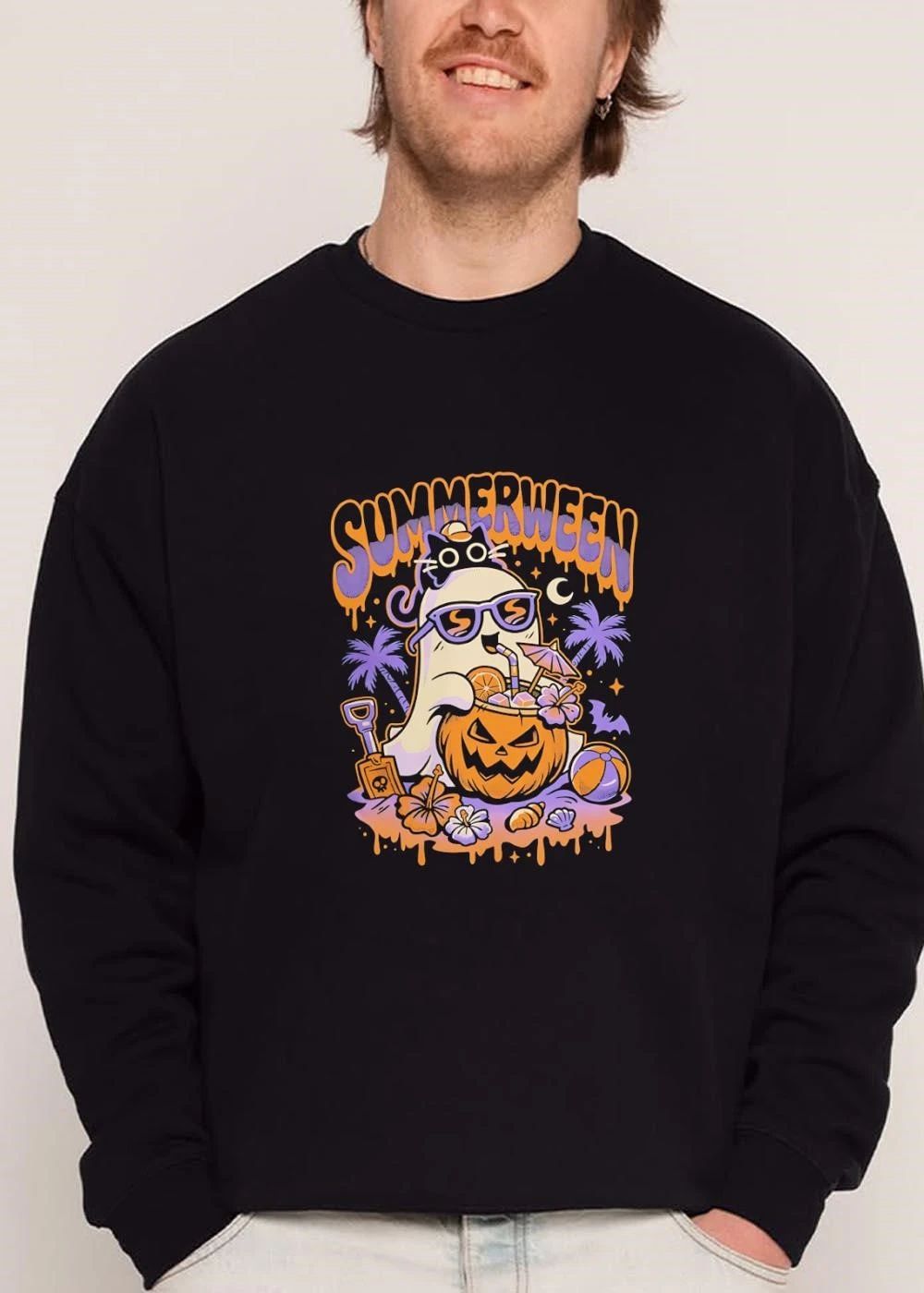 Summerween Cartoon Ghost Sunglasses Drinking Pumpkin Beach shirt