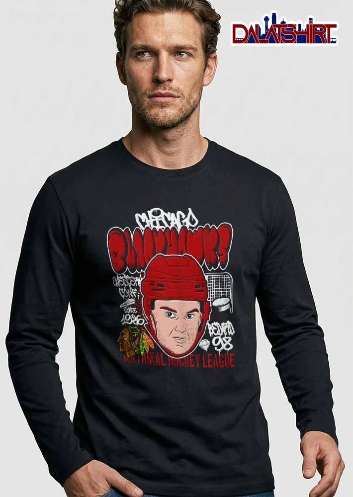 Chicago Blackhawks NHL Western Conf National Hockey League Bedard 98 1926 Graffiti Player Caricature Puck Net Logo shirt