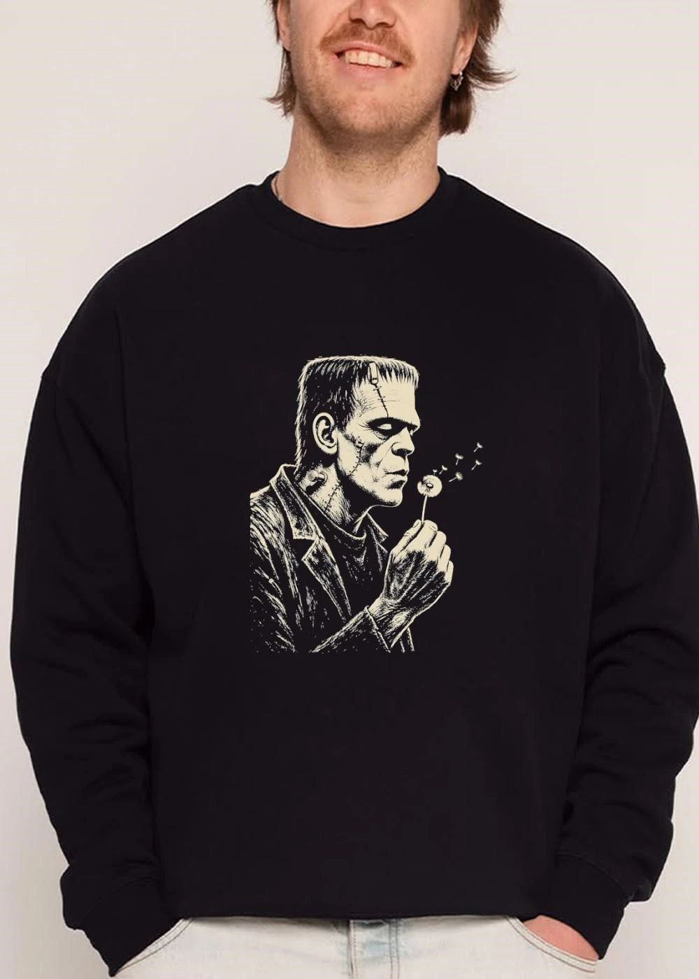 Frankenstein Monster Blowing Dandelion Seeds Retro Line Art Sketch shirt