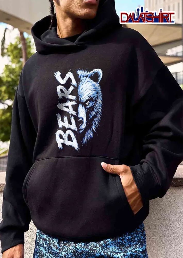 Bears Split Half Bear Head Vertical Text Scratch Art Distressed Blue White shirt