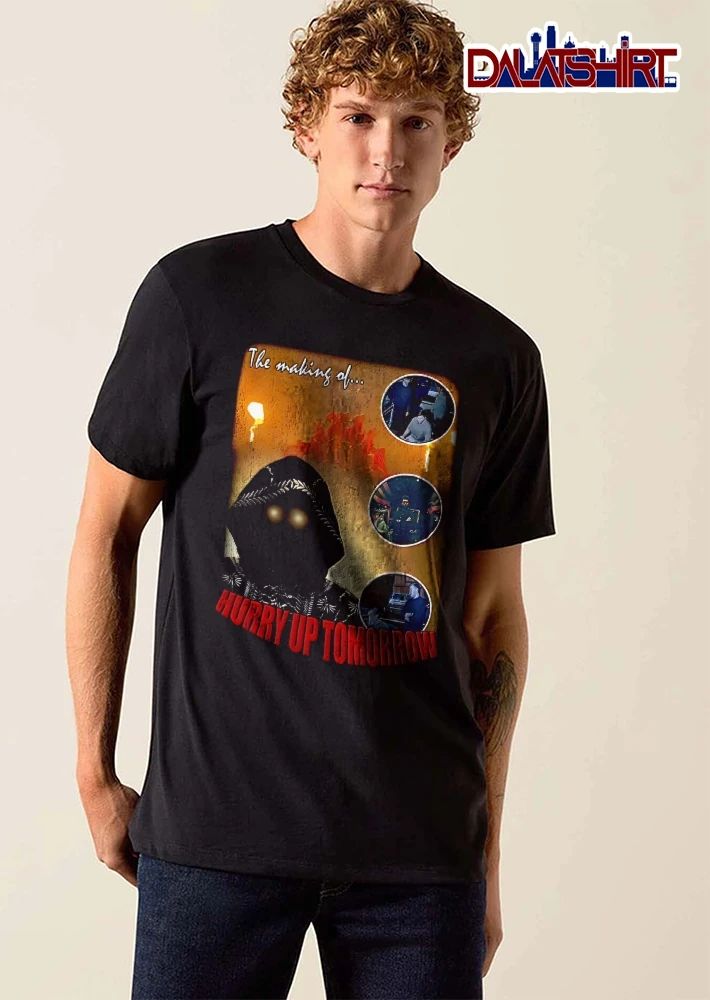 The Making Of Hurry Up Tomorrow Hooded Figure Glowing Eyes Studio Inset Photos Retro Poster shirt