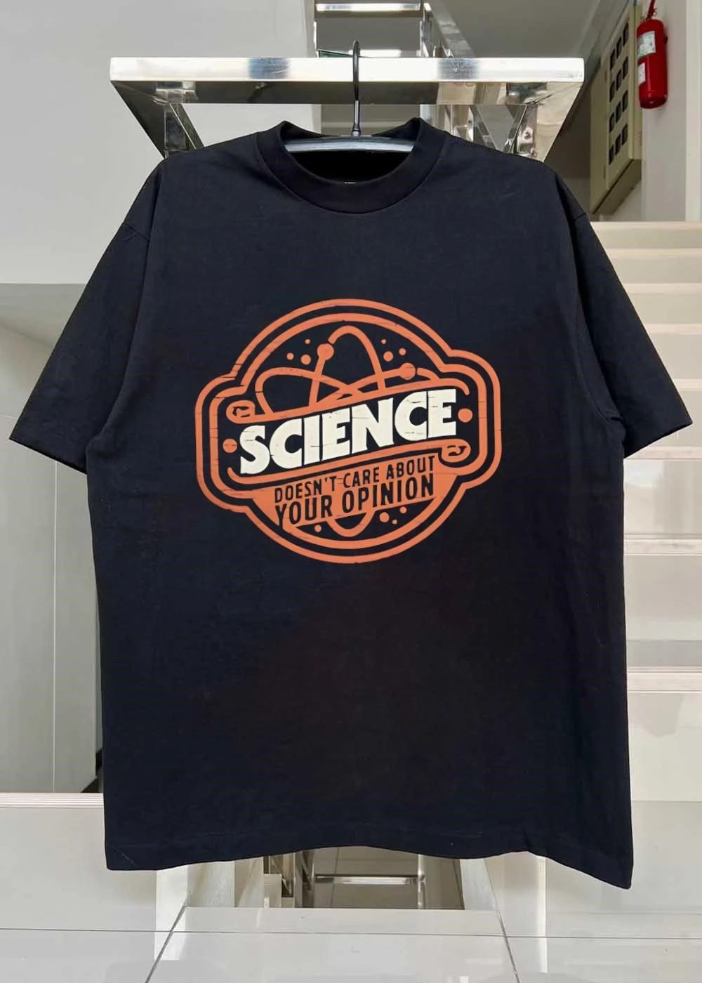 Science Doesnt Care About Your Opinion Distressed Atom Symbol Stamp Badge shirt