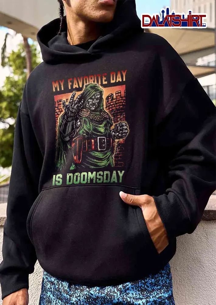 My Favorite Day Is Doomsday Hooded Masked Villain Brick Wall Comic shirt