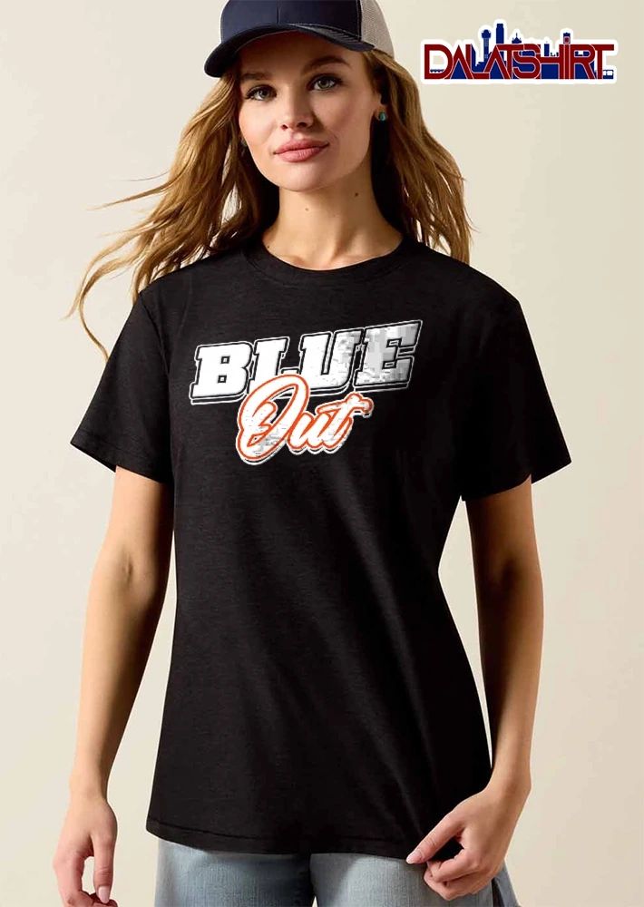 Blue Out White Orange Athletic Block Script Lettering shirt