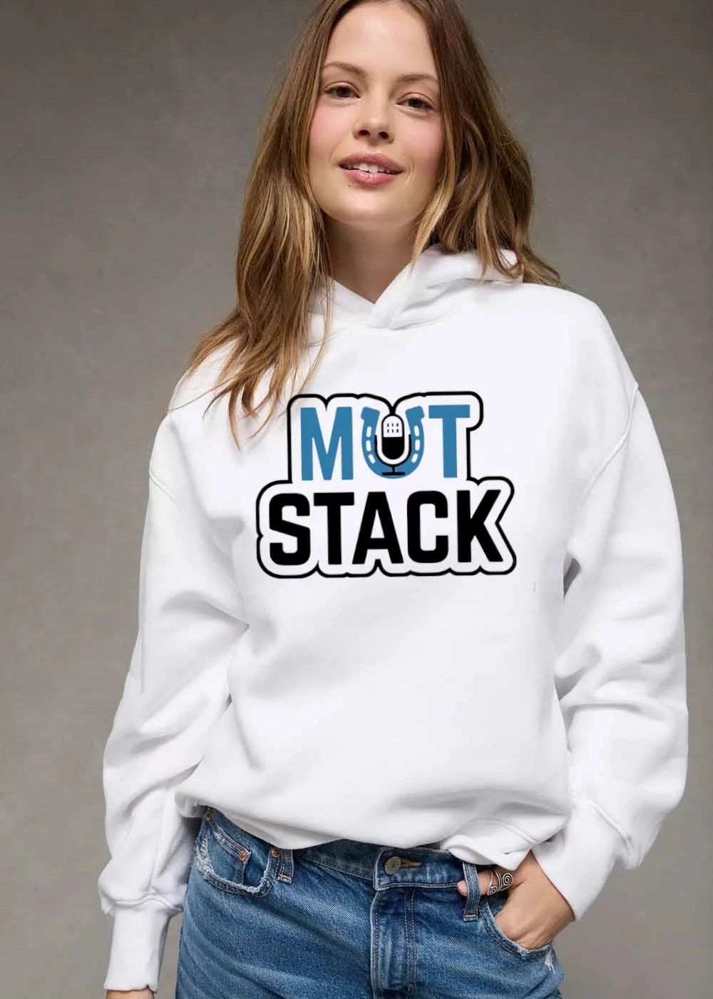 Mut Stack Blue Text Horseshoe Podcast Microphone Icon White Outline shirt