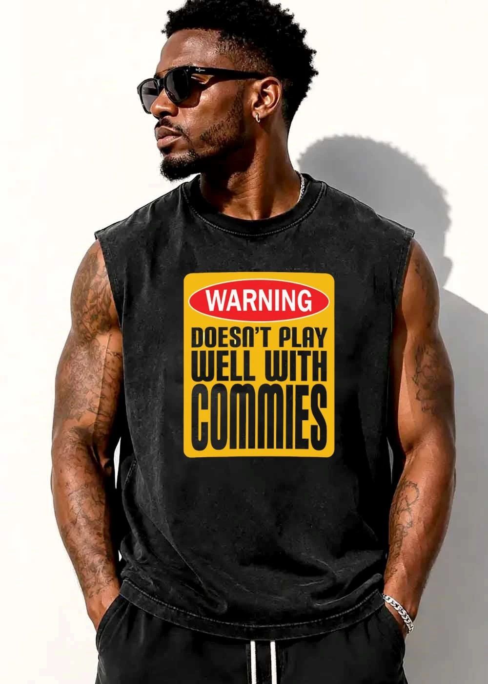 Warning Doesnt Play Well With Commies Red Oval Yellow Sign shirt