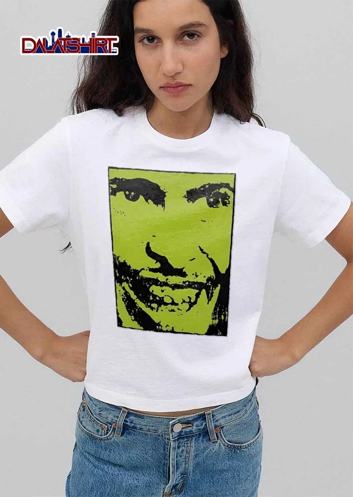 Lime Green Black High Contrast Close Up Smiling Face Screen Print Portrait shirt