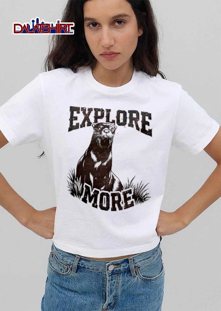 Explore More River Otter Sitting In Tall Grass Distressed Woodcut Black And White shirt