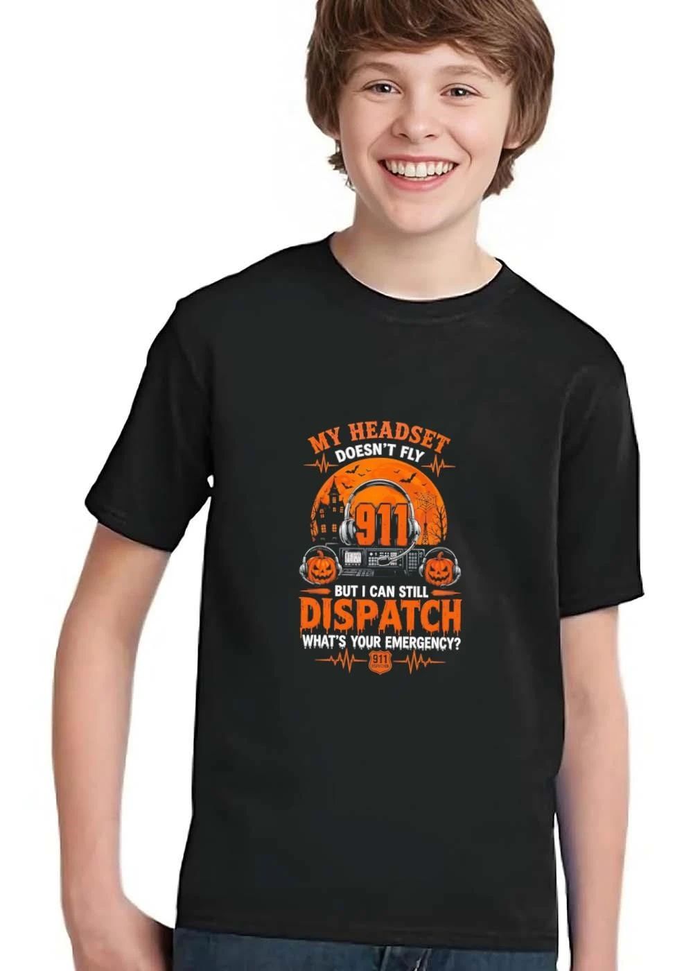 My Headset Doesnt Fly But I Can Still Dispatch Whats Your Emergency 911 Orange Halloween Moon Jack O Lanterns shirt