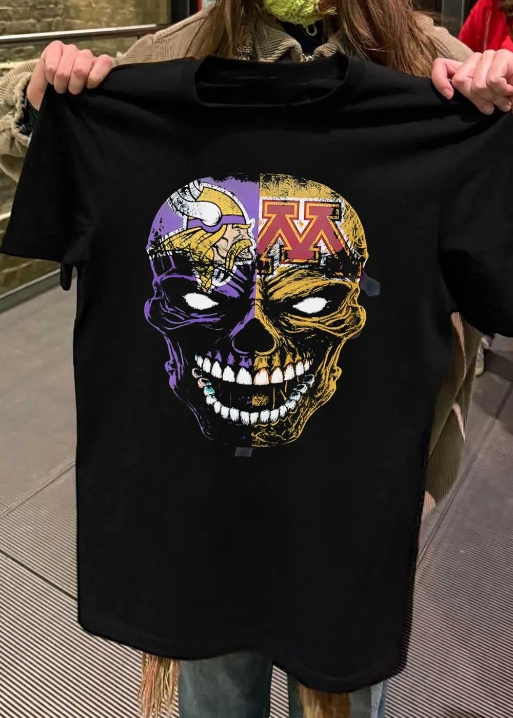 Minnesota Vikings and Gophers Split Face Skull T-Shirt