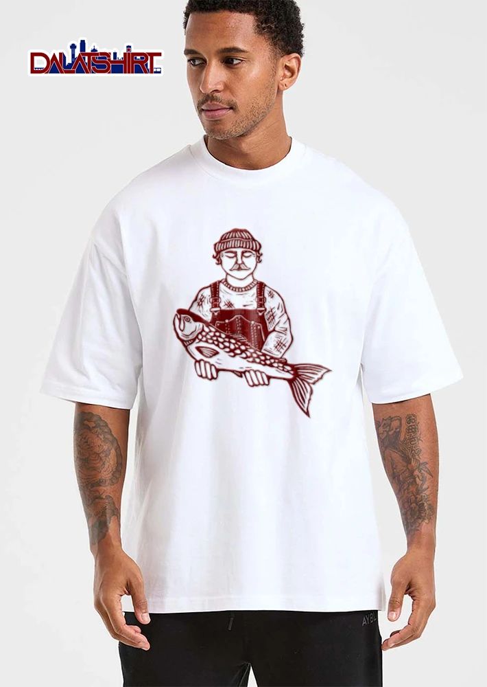 Red Line Art Fisherman Beanie Sweater Overalls Holding Big Fish shirt