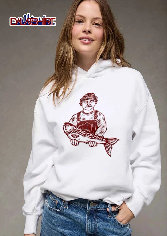 Red Line Art Fisherman Beanie Sweater Overalls Holding Big Fish shirt