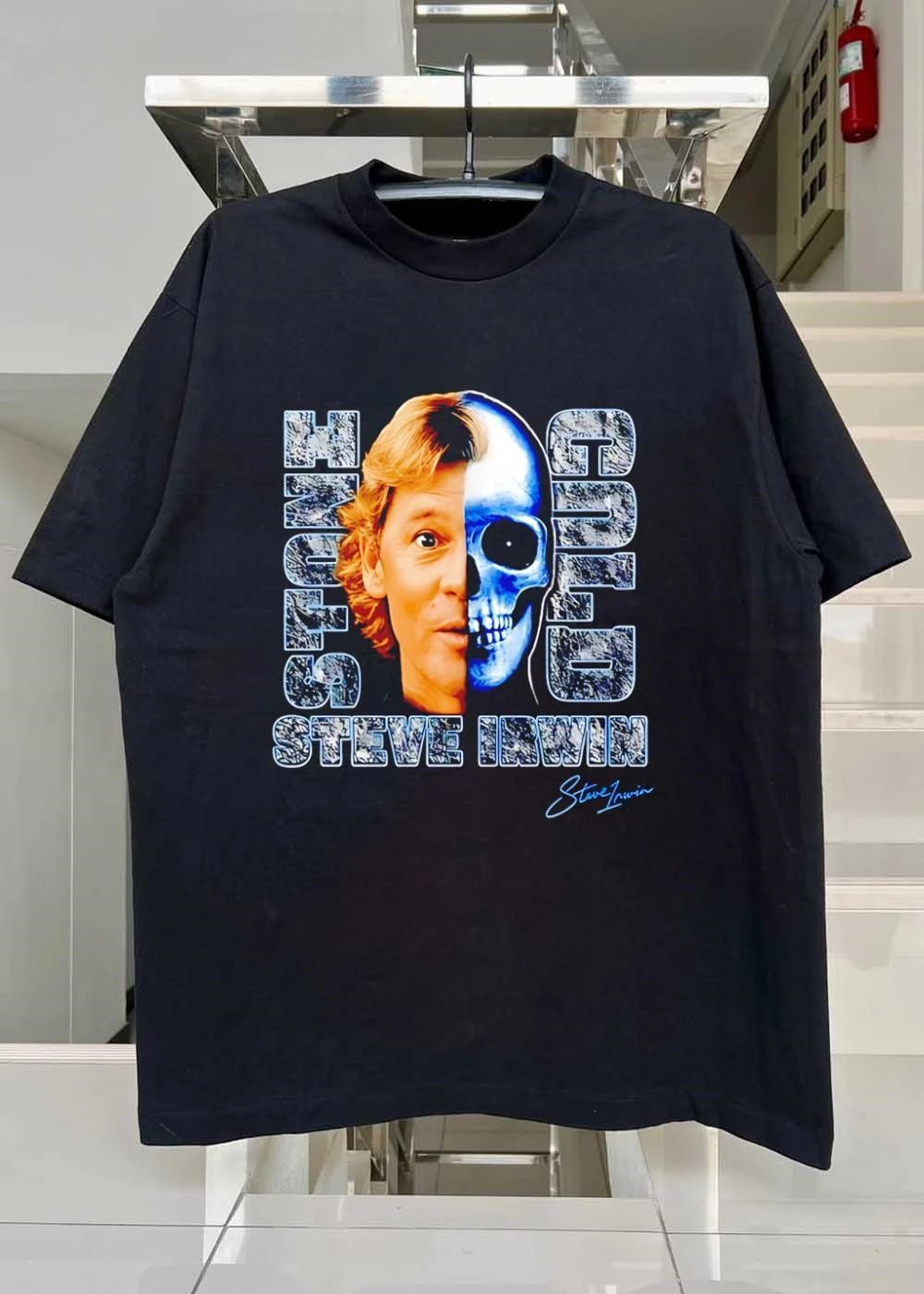 Steve Irwin Split Face Skull Graphic Words Heavy Metal Style Unisex T-Shirt