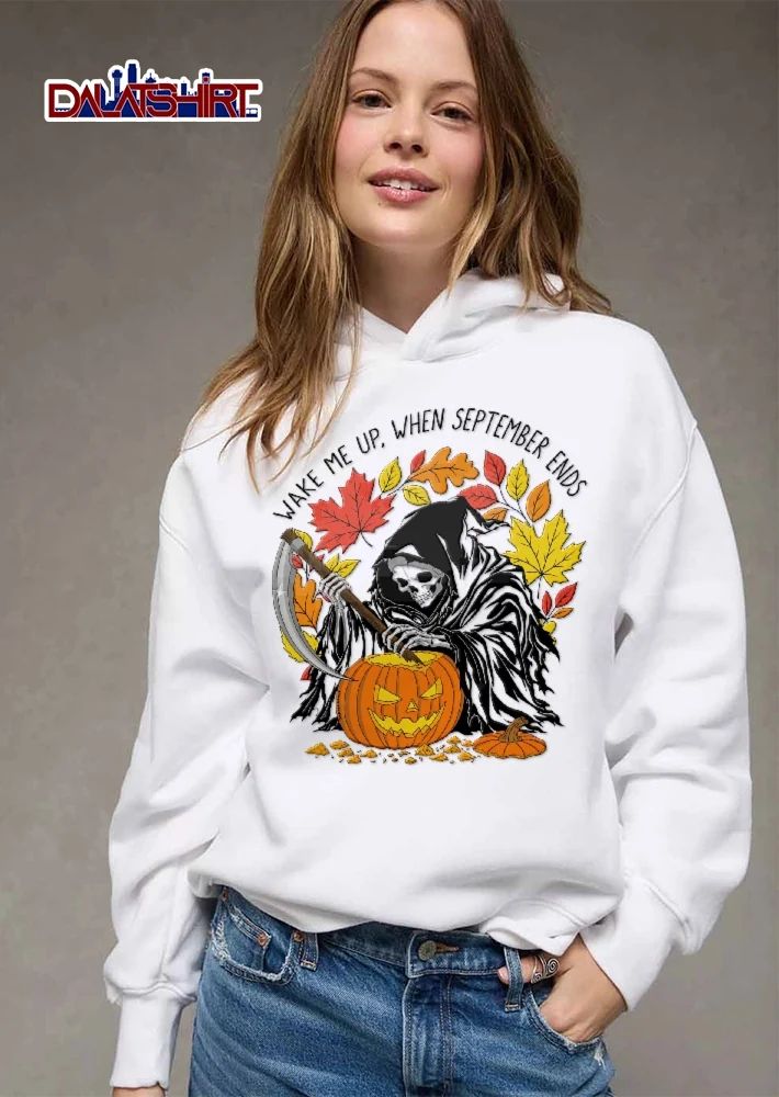 Wake Me Up When September Ends Grim Reaper Carving Jack O Lantern Autumn Leaves shirt