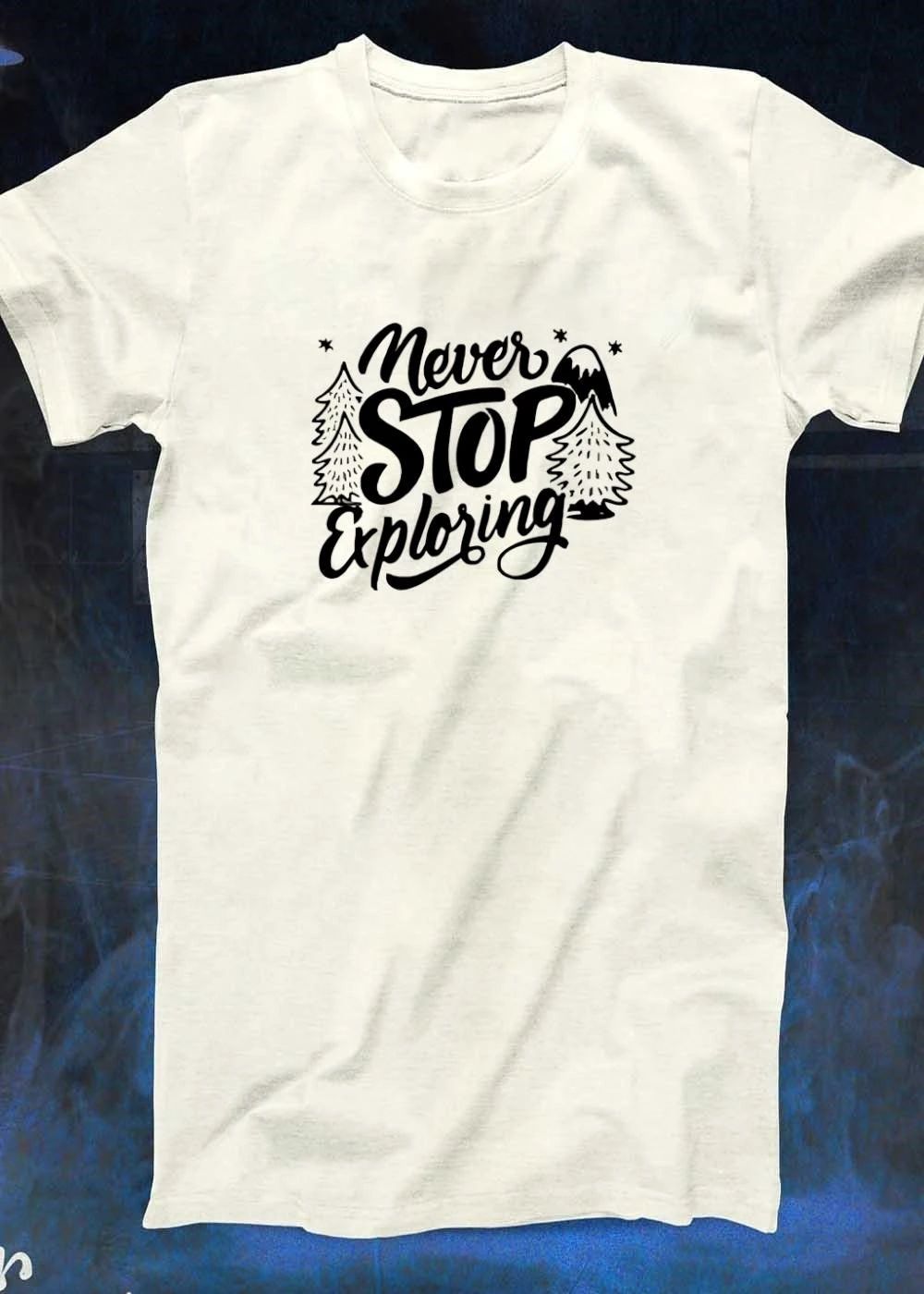 Never Stop Exploring Pine Trees Snowy Mountain Peak Stars Line Art shirt