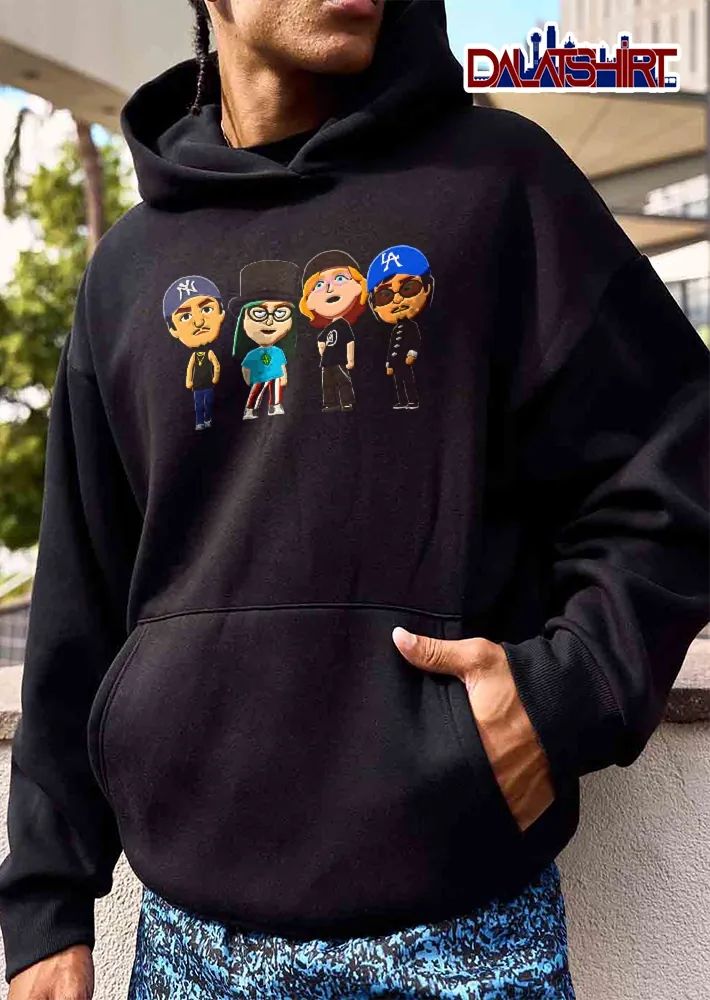 Cartoon Caricature Four Avatars Standing Lineup Black Background shirt