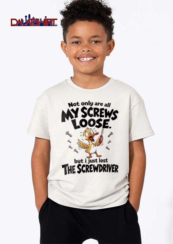 Not Only Are All My Screws Loose But I Just Lost The Screwdriver Panicked Cartoon Duck Red Tool shirt