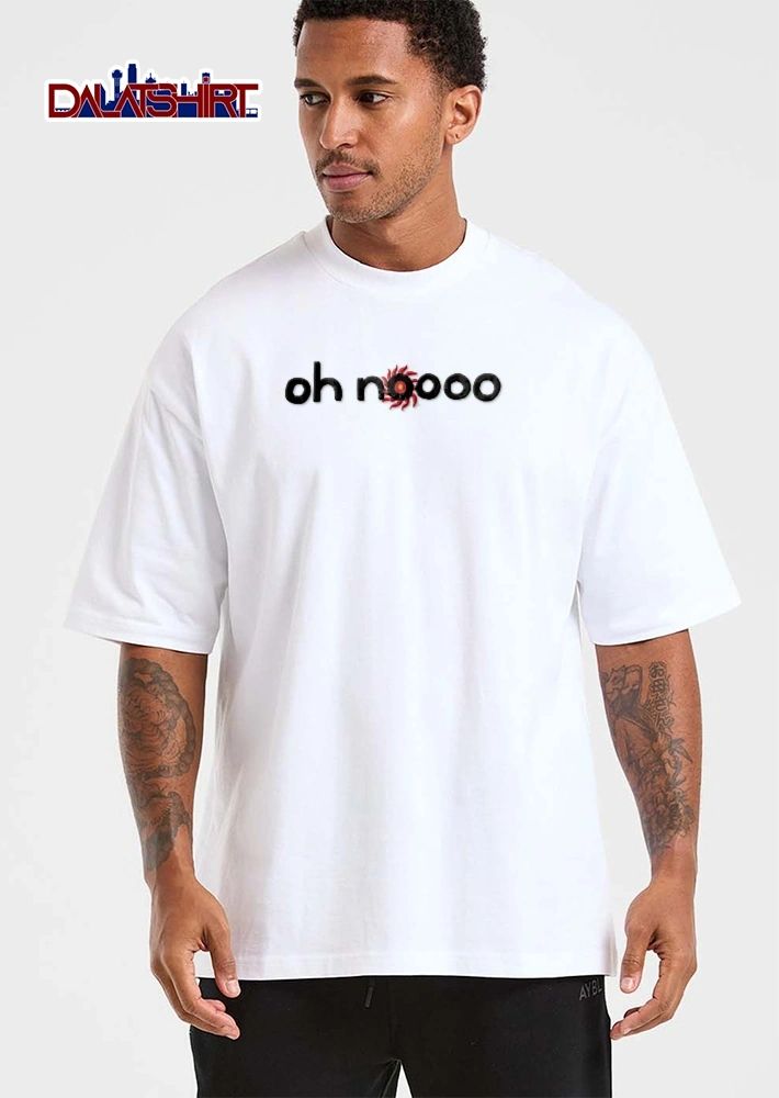 Oh Noooo Black Lowercase Lettering Red Swirling Sun Motif shirt