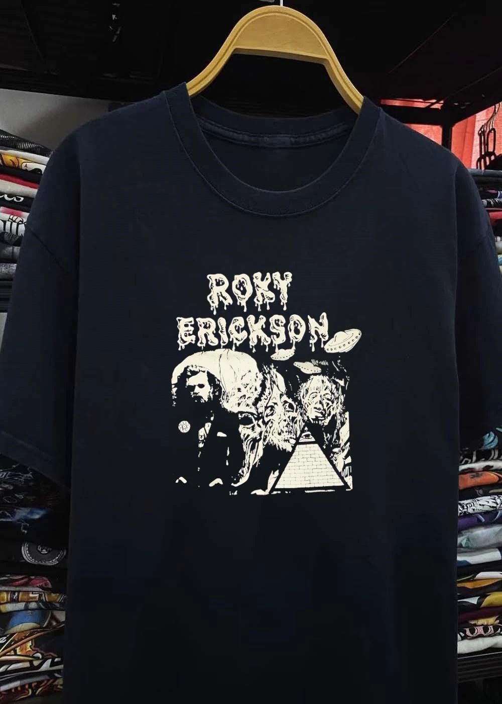 Psychedelic Rock Icon Roxy Erickson Dripping Font UFO Pyramid Black T-Shirt