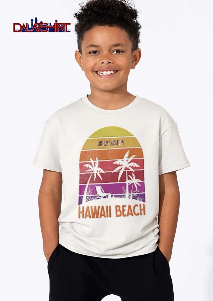 Dream Vacation Hawaii Beach Retro Sunset Arch Silhouette Palm Trees Lawn Chair shirt