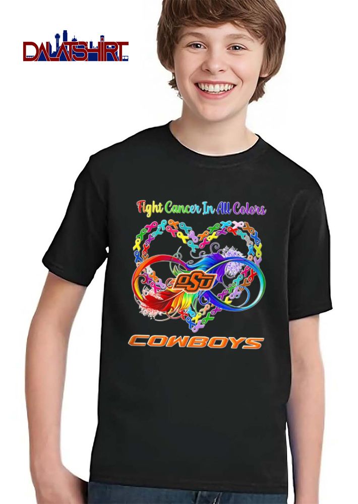 Oklahoma State Cowboys NCAA Fight Cancer In All Colors Ribbon Heart Infinity Symbol Rainbow Feather shirt