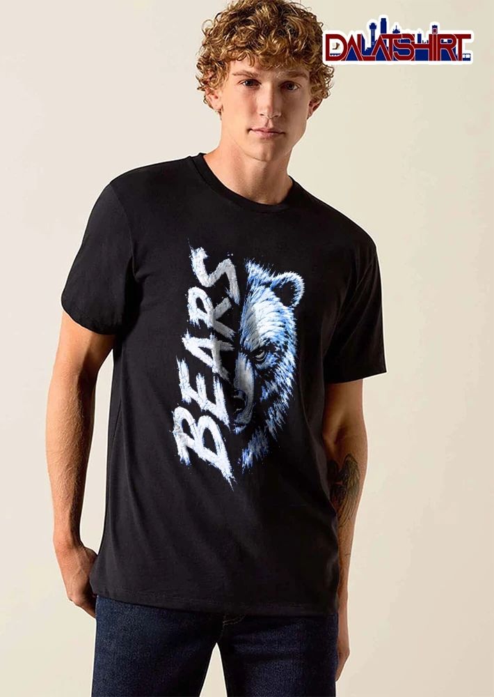 Bears Split Half Bear Head Vertical Text Scratch Art Distressed Blue White shirt